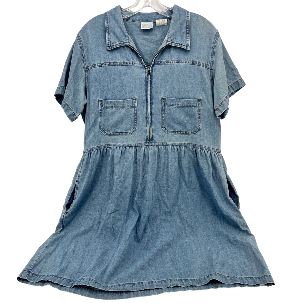Moda International Vintage Denim Babydoll Dress Light Wash Zip Up Made in USA 14
